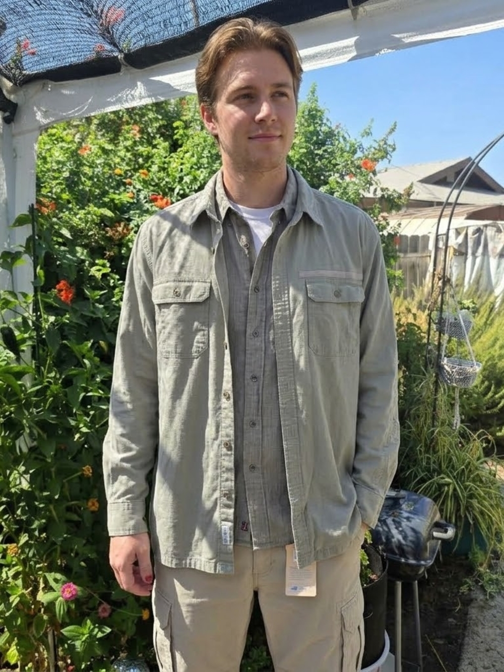 Vintage Eastern Mountain Sports Textured Field Shirt in Fossil Gray – Men's Larg